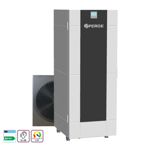 Pompe à chaleur air-eau Perge OptiPac MR32 : unité extérieure et module intérieur avec ballon d'eau chaude intégré