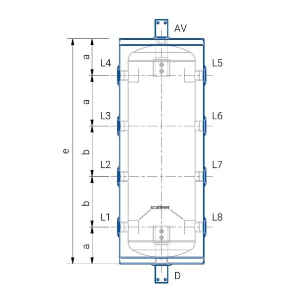 Schema cote de la bouteille de decouplage 80 litres BTVEPAC80 : raccordements L1 a L8, aeration et drainage