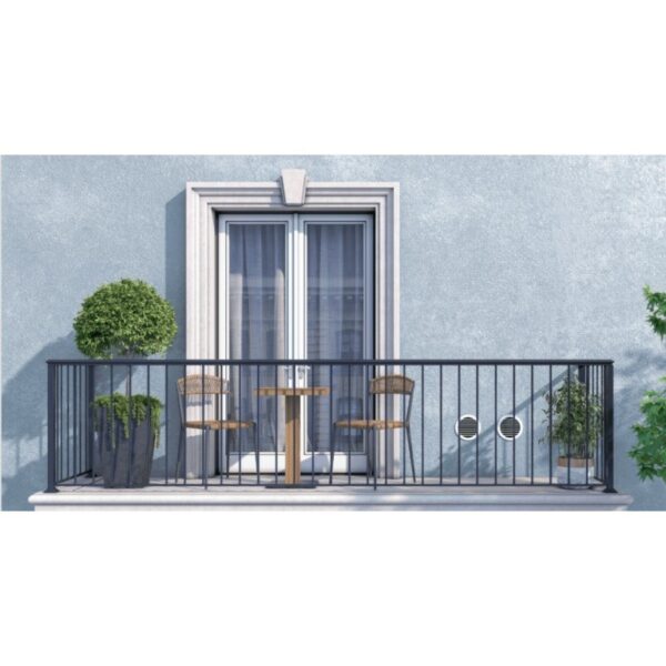 Unico EVO : deux grilles en facade, sans unite exterieure Facade d'immeuble avec les deux grilles rondes discretes du climatiseur Unico EVO, seule trace visible d'une clim sans unite exterieure